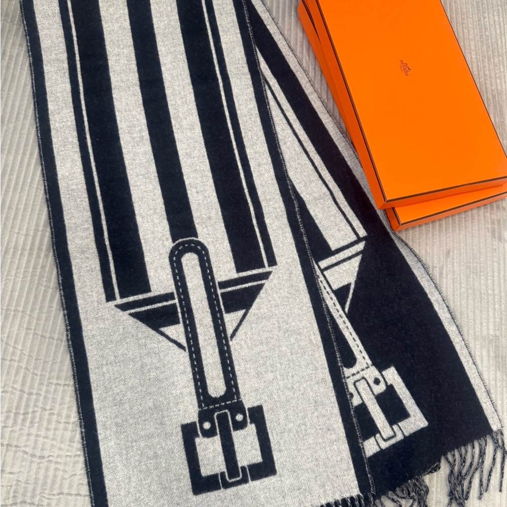 Hermes Black and Gray Striped Scarf